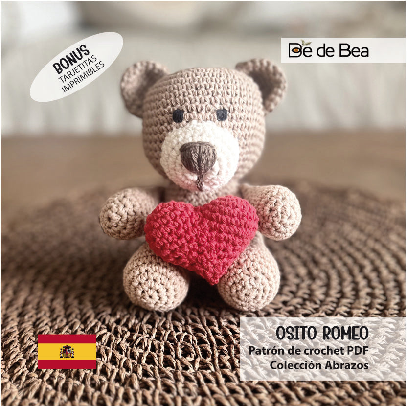 Patrón de Crochet PDF - Osito ROMERO + Corazón TERNURA + Tarjetitas imprimibles