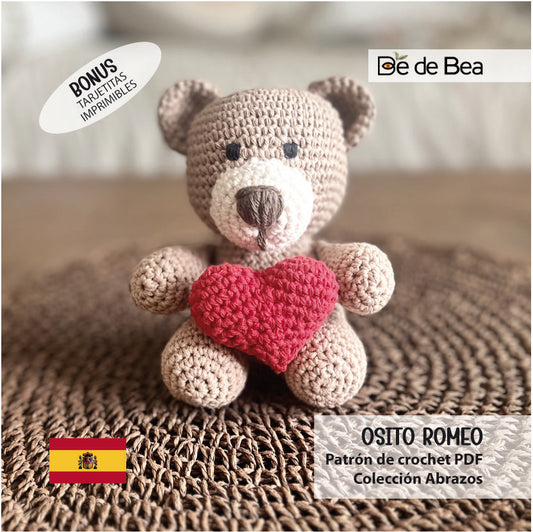 Patrón de Crochet PDF - Osito ROMERO + Corazón TERNURA + Tarjetitas imprimibles